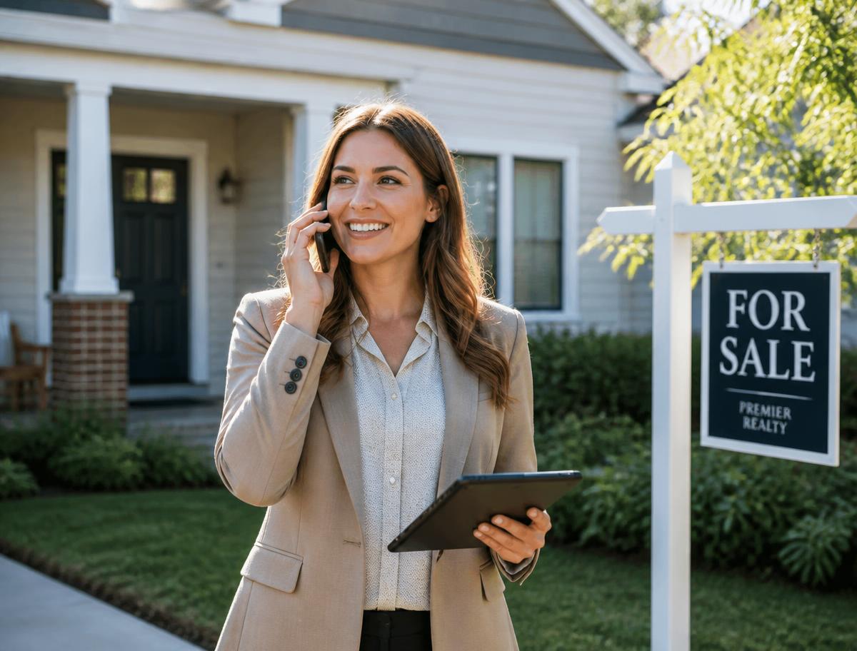 Real estate agent smiling on the phone outside a listed home
