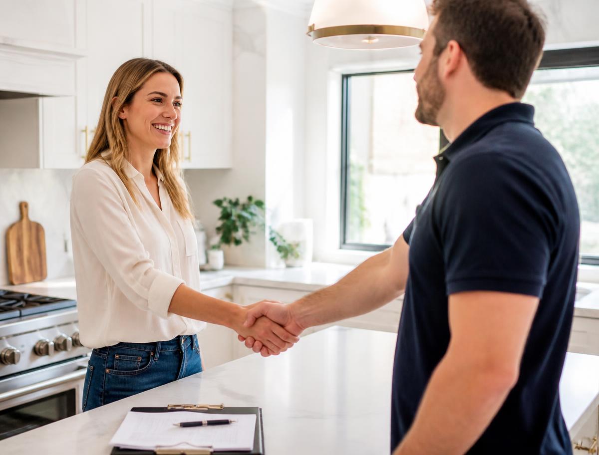Agent and client shaking hands in a bright kitchen