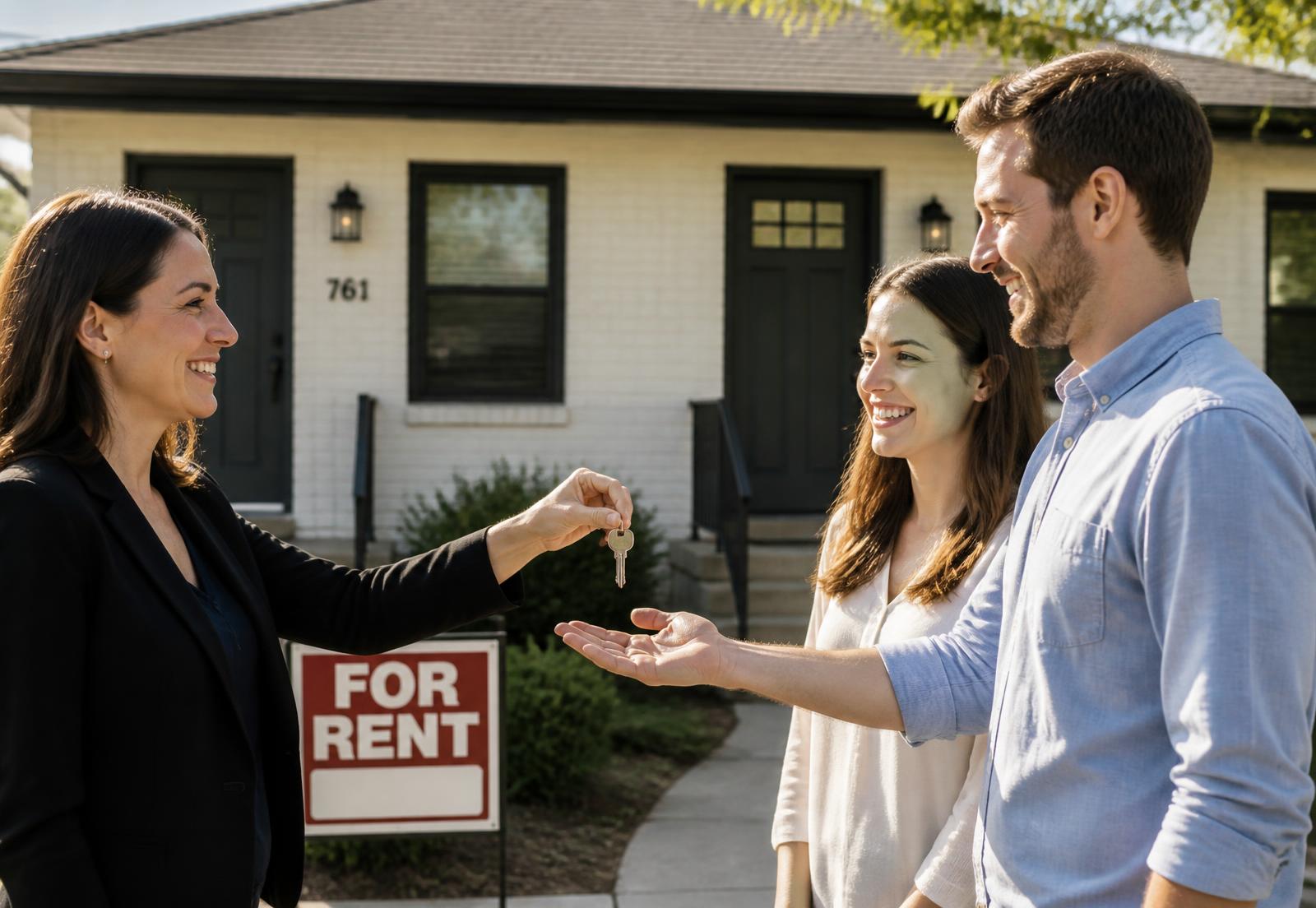 Real estate agent handing keys to a smiling couple in front of a rental property
